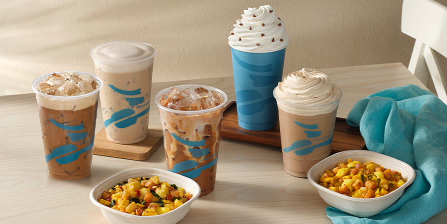 Caribou Coffee beverages and breakfast bowls