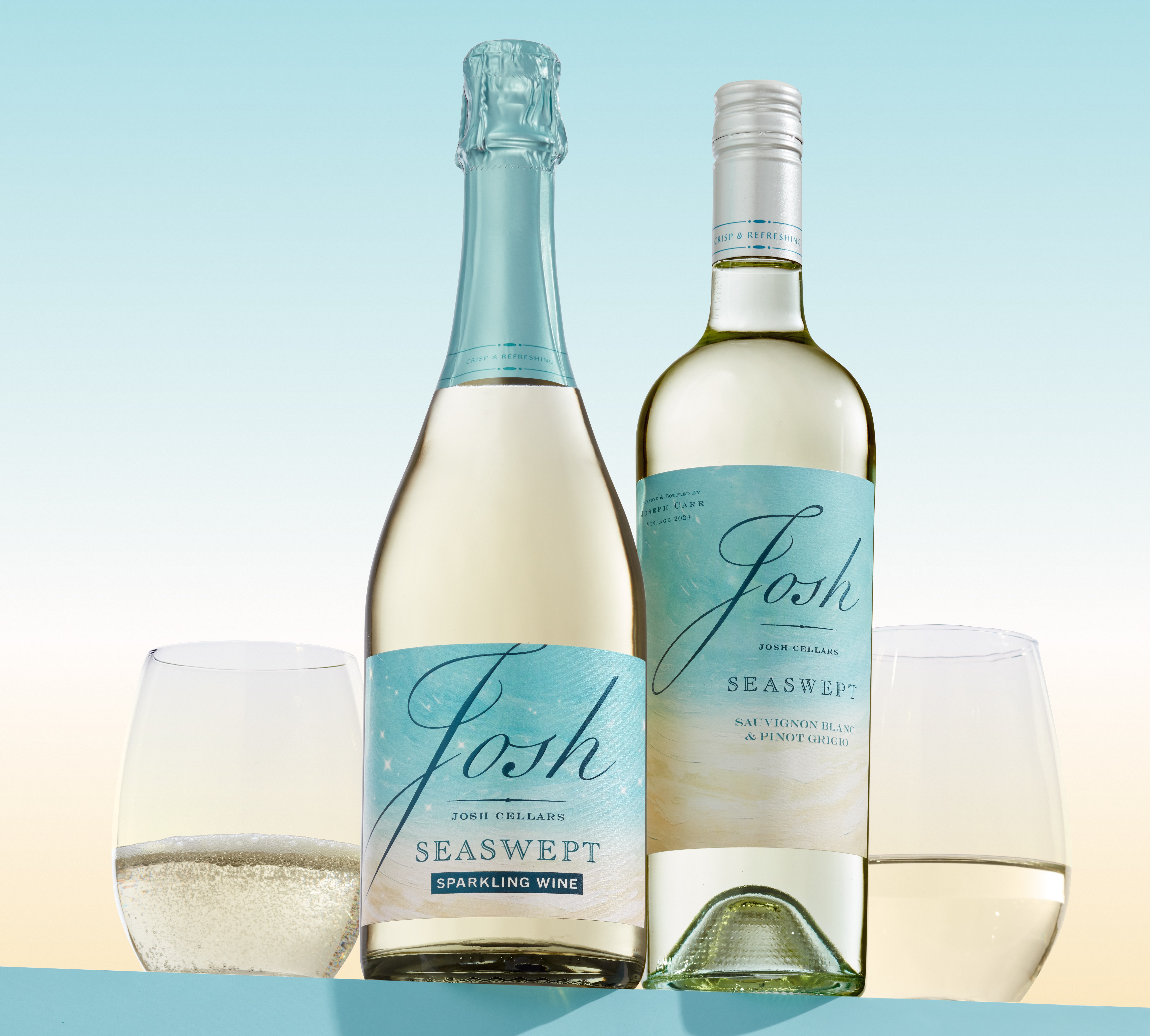 Josh Cellars Seaswept Sparking wine with two glasses