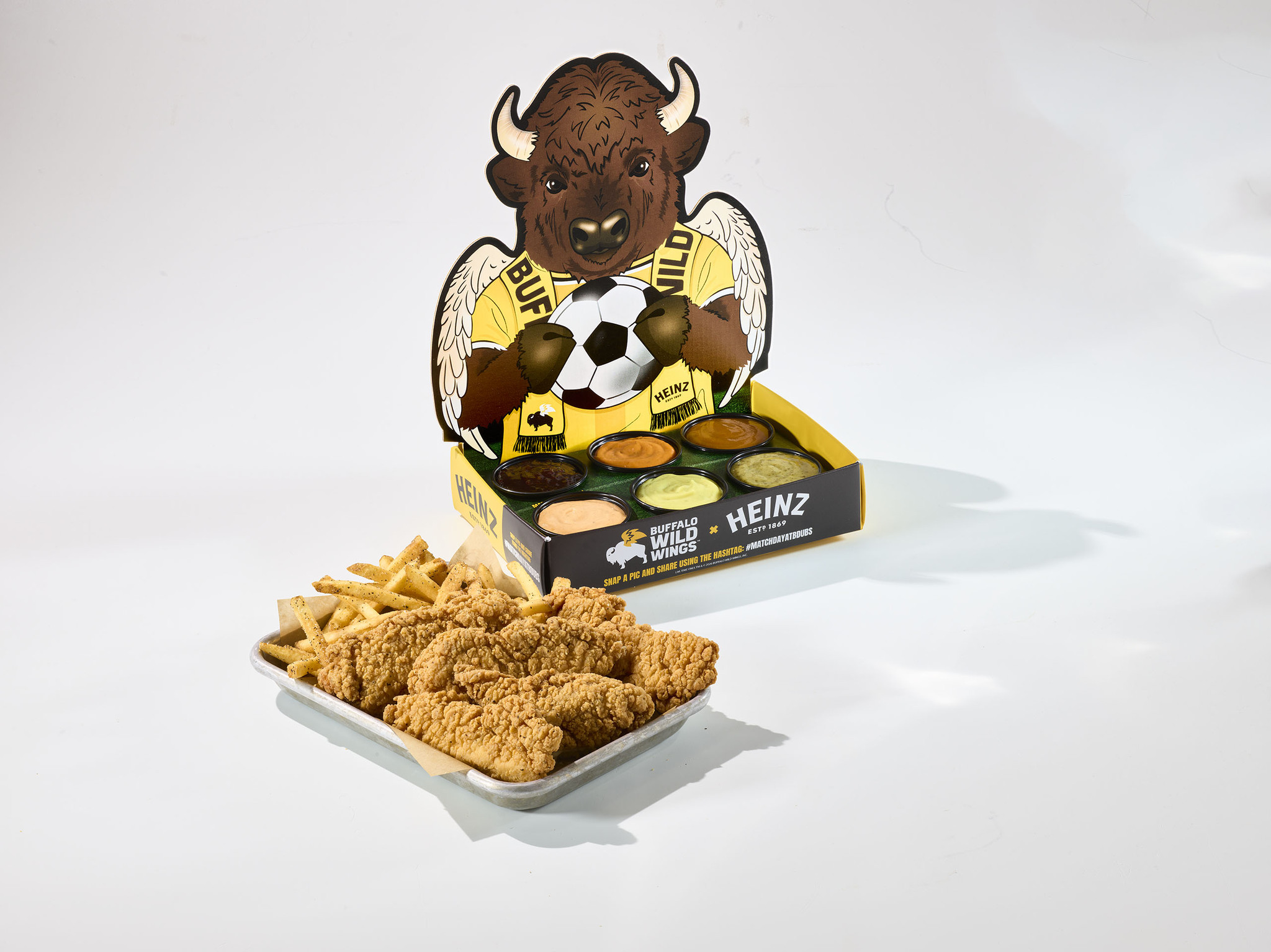 Chicken tenders, fries and six Buffalo Wild Wings sauces