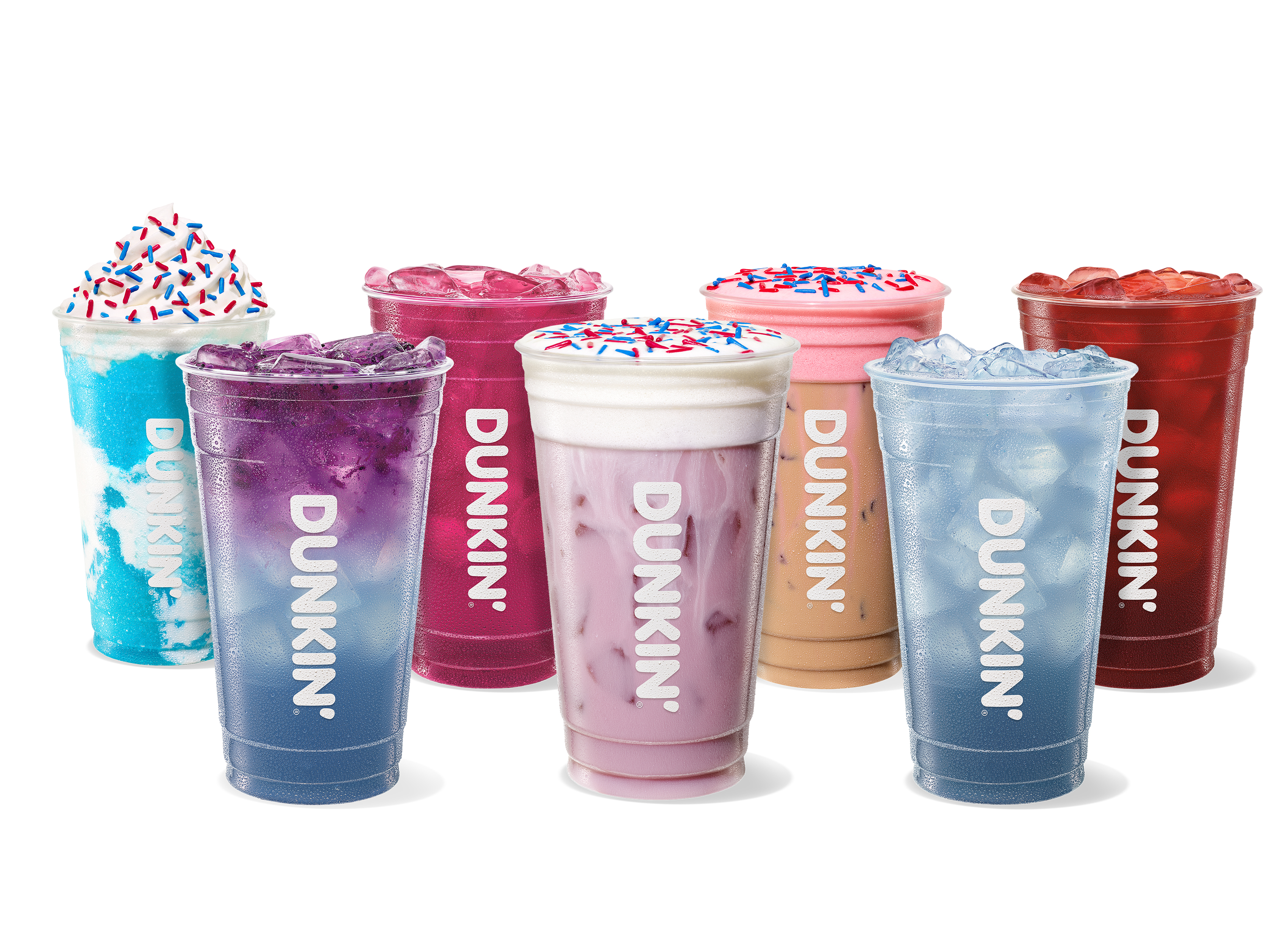 seven colorful Dunkin beverages