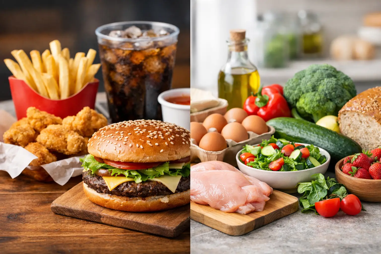 fast food burger and fries next to effs, fish and salad