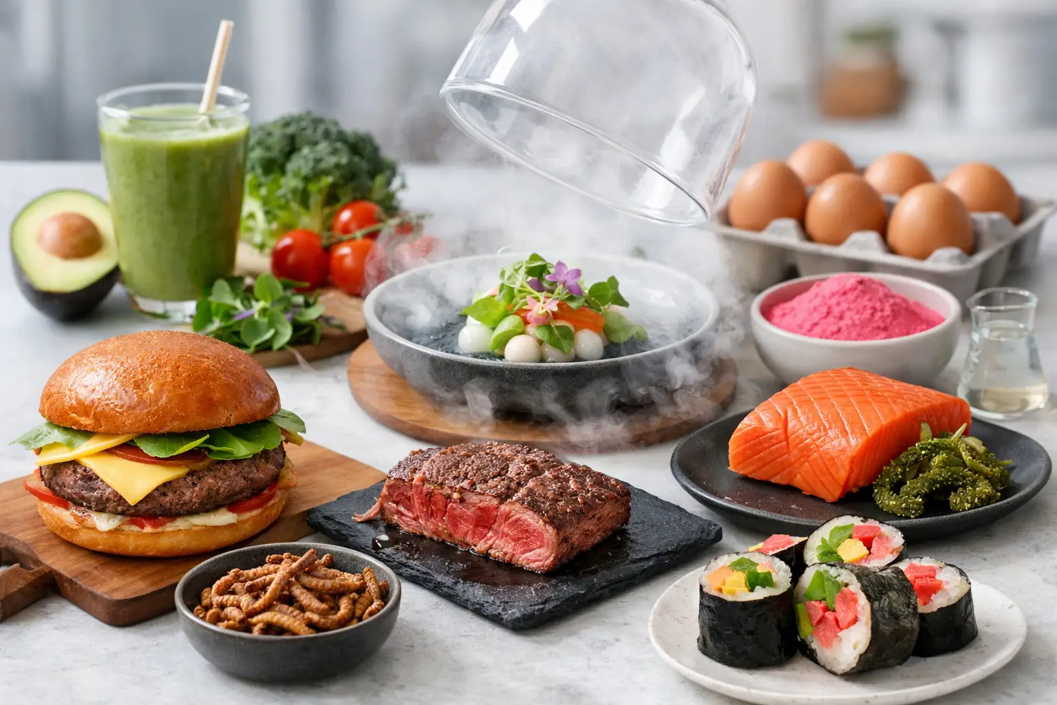 steak, burger, sushi and other food on a table