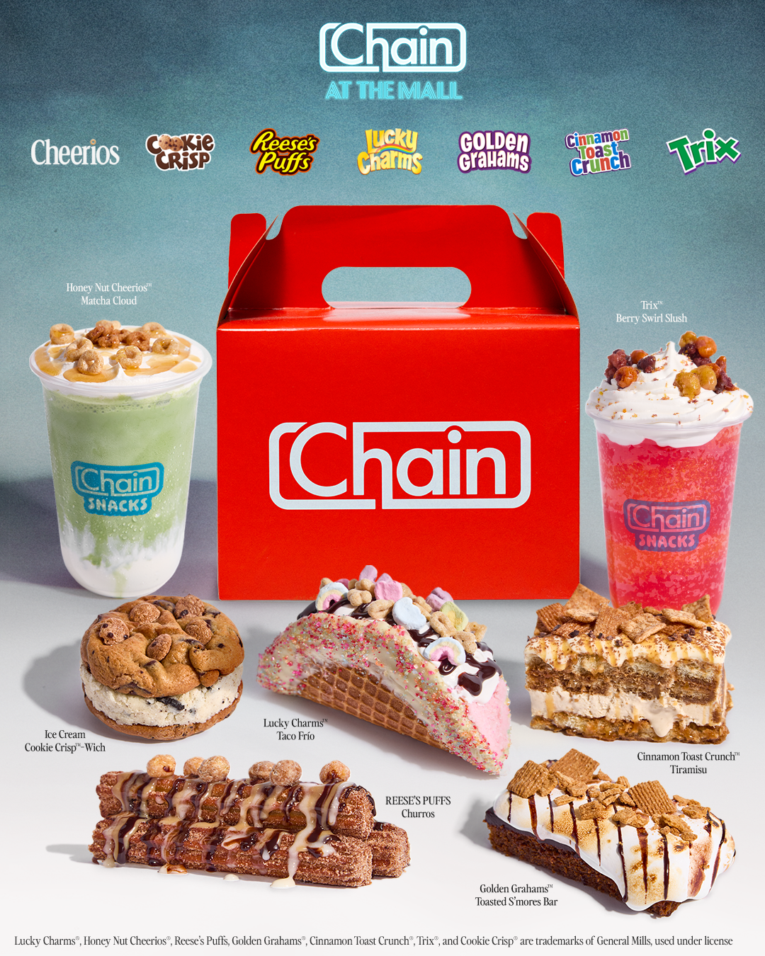 Chain box with seven cereal flavored desserts and drinks
