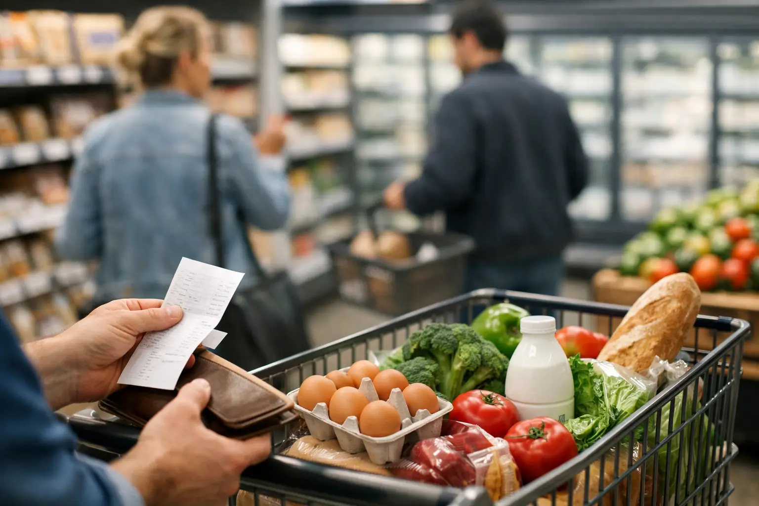Grocery store shopping cart with food