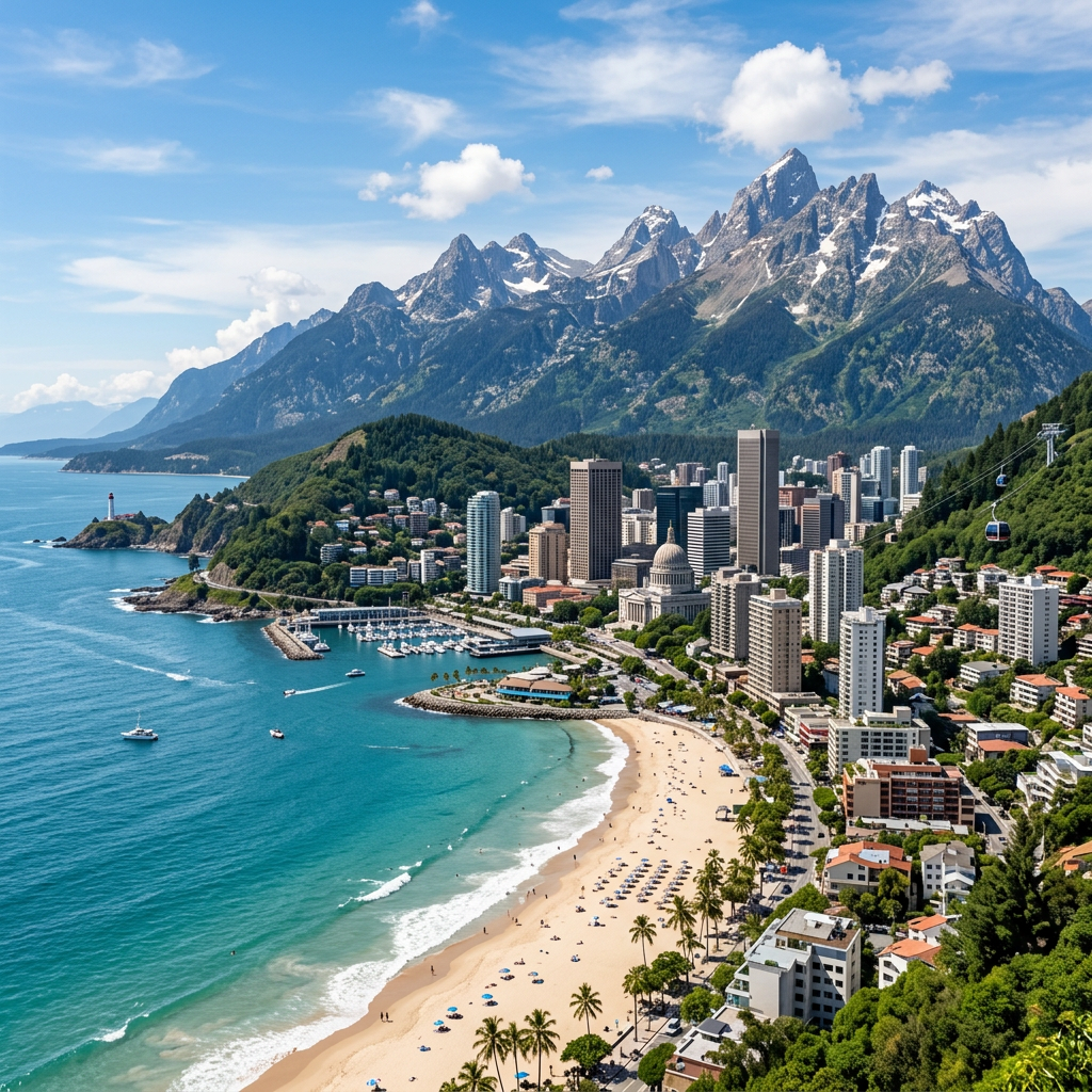 Coastal city with beach, marina, skyline, and snow-dusted mountains