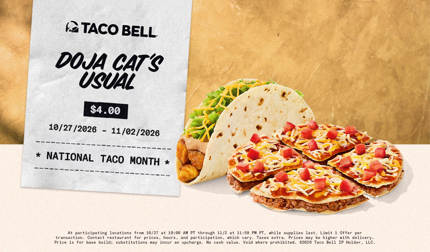 Taco Bell Mexican Pizza, burrito and order ticket