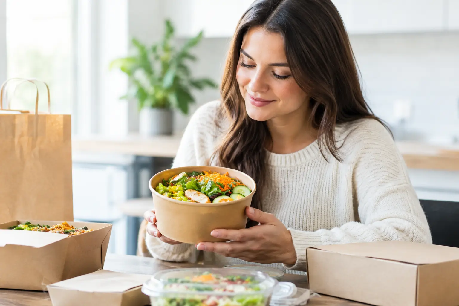 woman with an allergy friendly bowl of takeout